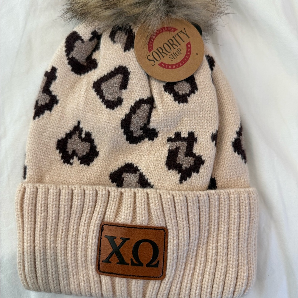 Chi-Omega Tan and Brown Patterned Beanie never worn !